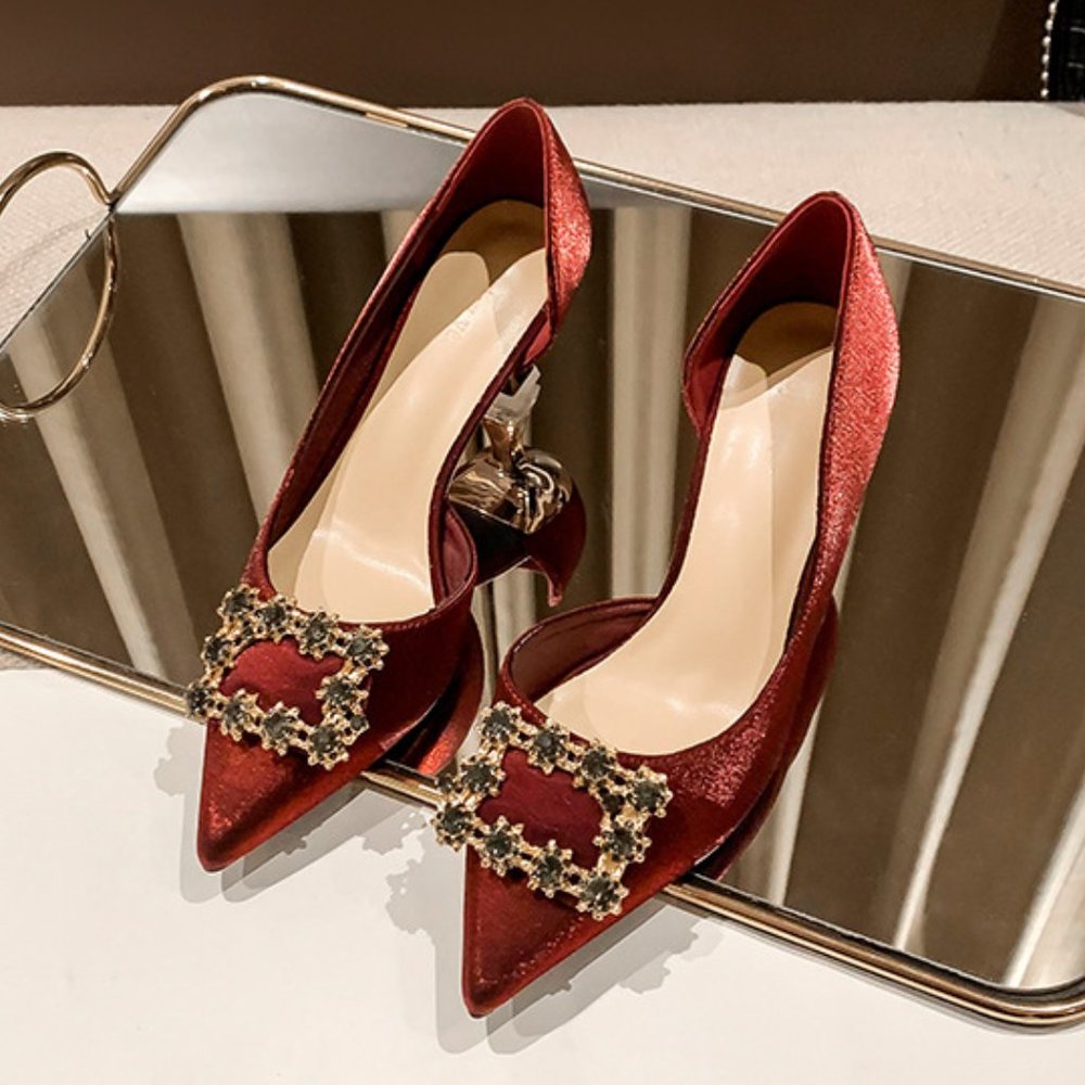 Diamond high -heeled shoes red side empty shoes
